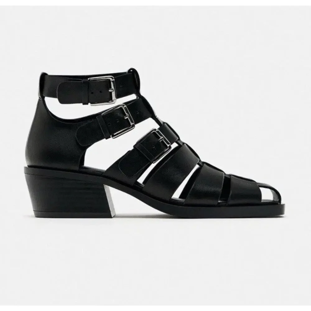 NEW ZARA Black Leather Fisherman Sandals Buckle Cage Heels Size 41 US 10 - Picture 3 of 11